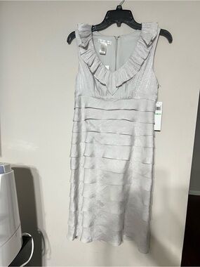 London Times Silver Ruffle V-Neck Tiered Mini Dress
